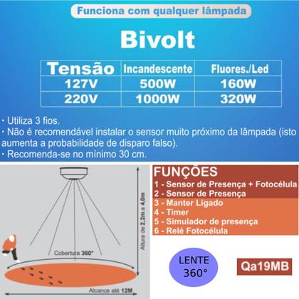 Imagem de Sensor de Presença Teto Multifuncional Lente 360 Bivolt Qualitronix