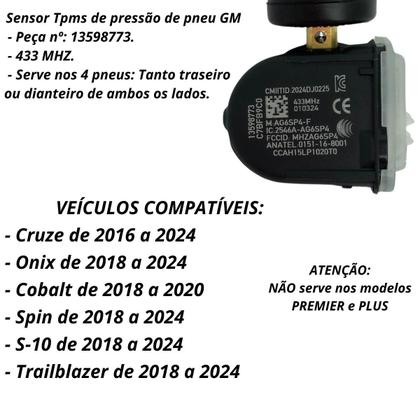 Imagem de Sensor de pressão de pneu tpms 13598773 GM 433 MHz Onix Cobalt S10 Cruze Prisma Spin Trailblazer