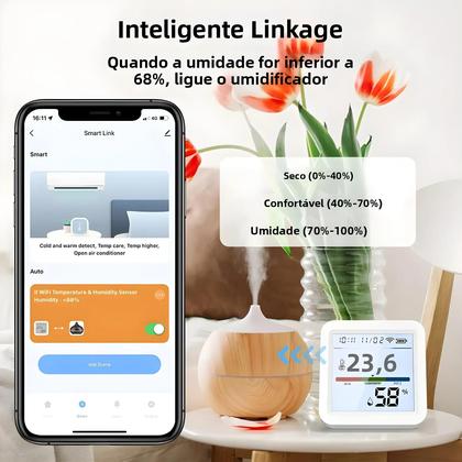 Imagem de Sensor De Temperatura E Umidade WiFi Inteligente Com Luz De Fundo, Higrômetro E Termômetro, Suporte