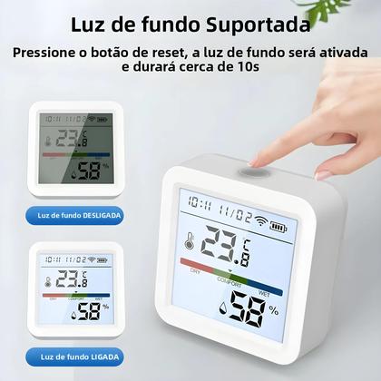 Imagem de Sensor De Temperatura E Umidade WiFi Inteligente Com Luz De Fundo, Higrômetro E Termômetro, Suporte