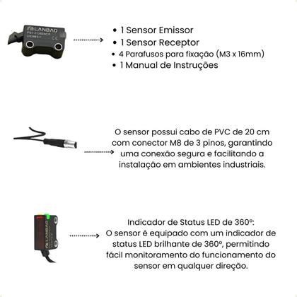Imagem de SENSOR FOT. BARREIRA MINI RETANGULAR PST-TM2DPOR-F3 + PST-TM2DR-F3 NA PNP 10-30Vdc Saida Con. M8 3P Sn: 2m - LANBAO
