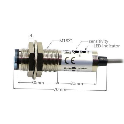 Imagem de SENSOR FOT. DIFUSO M18 CDD-40N NA+NF NPN 10-30Vdc CABO 2m 4 fios - Sn 100 a 500mm - AOTORO