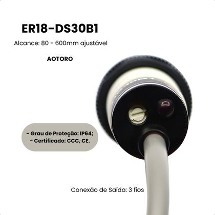 Imagem de Sensor Fot. Difuso M18 Er18M-Ds30B1 Na Pnp 10-30Vdc Cabo 2M 3 Fios - Sn 100 A 600Mm - Plastico- Aotoro
