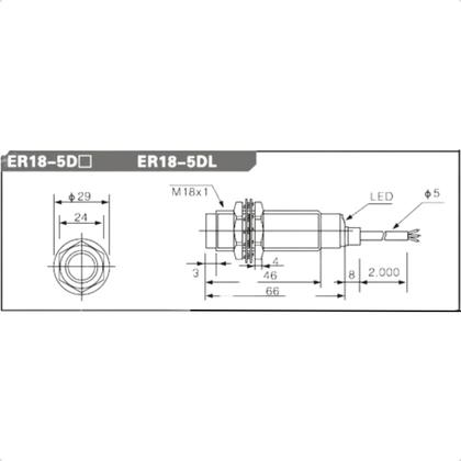 Imagem de Sensor Fot. Difuso M18 Er18M-Ds30B1 Na Pnp 10-30Vdc Cabo 2M 3 Fios - Sn 100 A 600Mm - Plastico- Aotoro