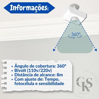Imagem de Sensor Presença Bivolt de Embutir Parede Cobertura 360º Com Fotocélula Sensor de movimento - GKS