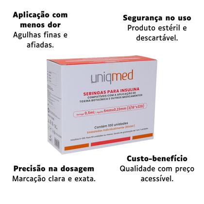 Imagem de Seringas Uniqmed 50UI 0,5mL 5mm 32G Com 100 Un