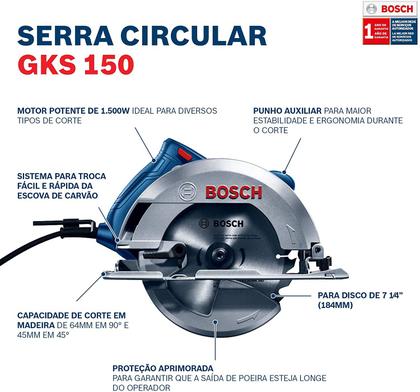 Imagem de Serra Circular Bosch GKS 150 1.500W com Disco de Serra e Guia Paralelo 127v