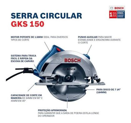 Imagem de Serra Circular Bosch Gks 150 184mm 1500w Com Bolsa E Disco 127v