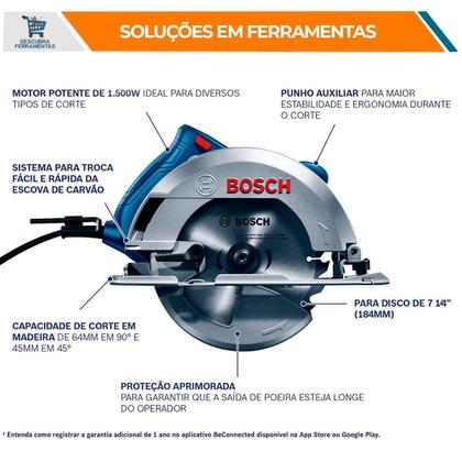 Imagem de Serra Circular Bosch GKS 150 7.1 / 4pol 1500W C/ 1 Disco de 184mm 6000rpm Madeira MDF Compensado Reforma Construção Carpinteiros Marceneiros