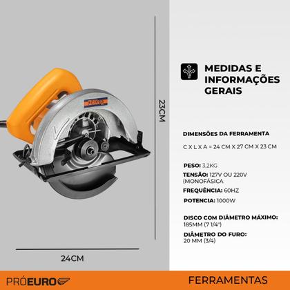 Imagem de Serra Circular Elétrica Profissional Power 1000W 185 mm 7/1.4 Pol 4500RPM 127V Pró Euro