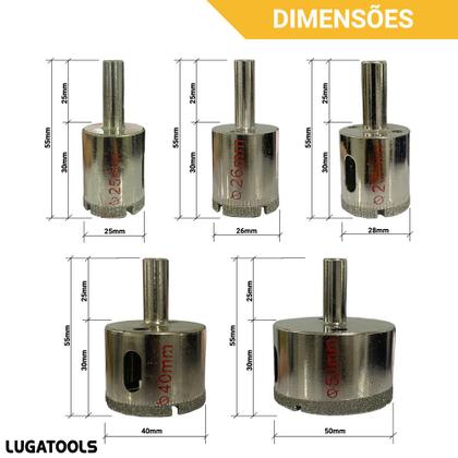 Imagem de Serra Copo Diamantada Kit 5 Peças Profissional Alvenaria Porcelanato e Vidro 25 à 50mm Em Aço Carbono
