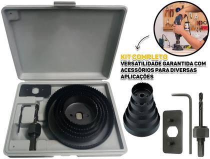 Imagem de Serra Copo Fertak Kit 8 Peças P/ Furadeira Corte Preciso Em Diversos Materiais Madeira Metal PVC Gesso Corte Preciso