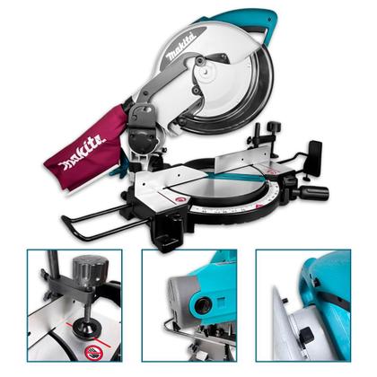 Imagem de Serra De Esquadria MLS100 Makita 1500W 4200RPM Disco 255MM Corte Chanfrado Guia Auxiliar Freio Instantâneo Aspiração Pó Carpintaria Marcenaria