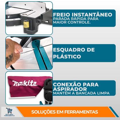 Imagem de Serra De Esquadria MLS100 Makita 1500W 4200RPM Disco 255MM Corte Chanfrado Guia Auxiliar Freio Instantâneo Aspiração Pó Carpintaria Marcenaria