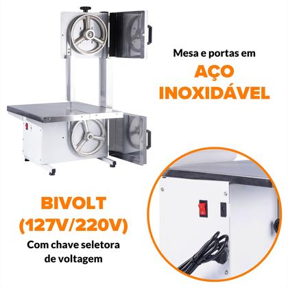 Imagem de Serra Fita Bancada Mesa Inox Moedor Máquina Cortar Moer Carne Porco Frango Peixe Serrar Osso Semi Profissional Açougue