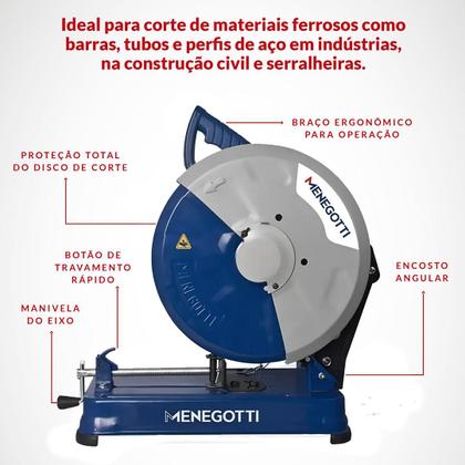 Imagem de Serra Policorte Corte Rápido Menegotti, 2200W, 14 Pol. 355mm, com Disco Aço Profissional  MSC2200