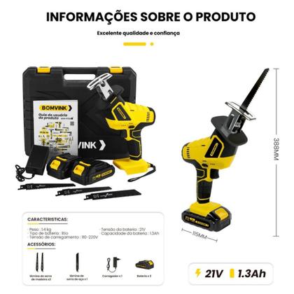 Imagem de Serra Sabre Elétrica 02 Baterias 21v Profissional Portatil Poda Madeira Metal Osso - Bivolt