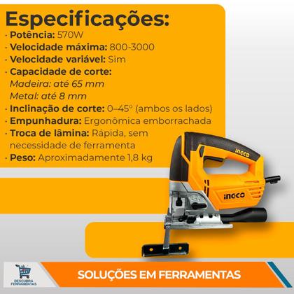 Imagem de Serra TicoTico INGCO 570W Com Velocidade Variável Até 3000RPM Base Ajustável e Corte Inclinado Em Madeira e Metal Com Precisão De Uso Profissional