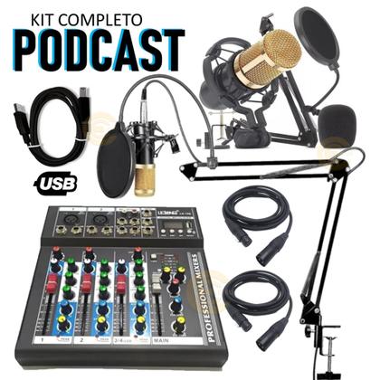 Imagem de Setup podcast mesa interface USB com 2 microfones condensador e braços articulado