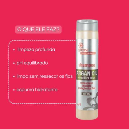 Imagem de Shampoo Argan 320ml pH 5,0 Sem Sal com filtro solar e Condicionador Argan 320ml pH 4,0 Girass
