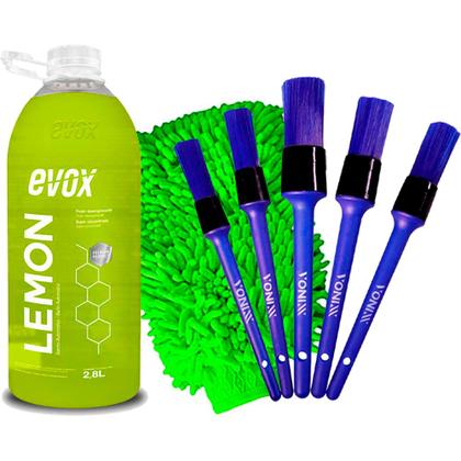 Imagem de Shampoo Carro Lemon 2.8L Evox Desengraxante Luva + Pinceis