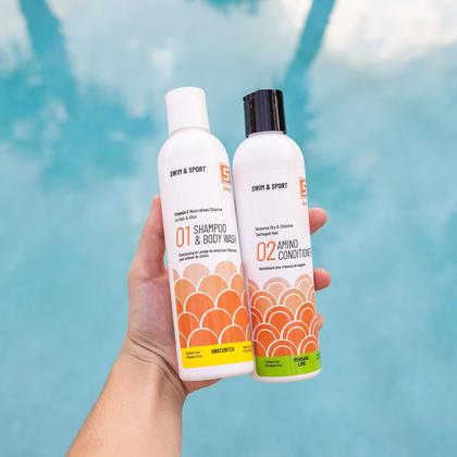 Imagem de Shampoo de natação com cloro e vitamina C Solpri Swimmers com condicionador antes e depois da natação (total de 16 ml)