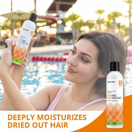 Imagem de Shampoo de natação com cloro e vitamina C Solpri Swimmers com condicionador antes e depois da natação (total de 16 ml)