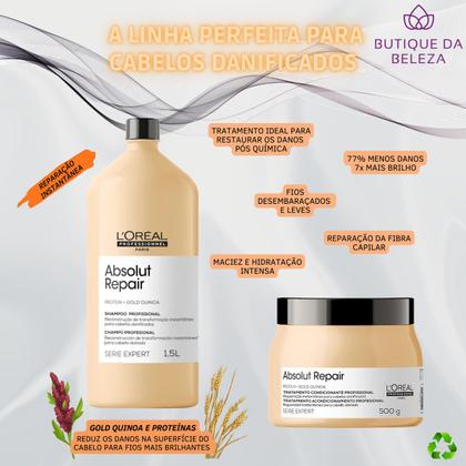 Imagem de Shampoo e Máscara Profissional Reconstrução Brilho Loreal Absolut Repair -Cabelos com Quebra e Opaco