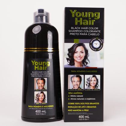 Imagem de Shampoo Tonalizante Preto YoungHair Cobre Cabelos Brancos Resultado Rápido Sem Amônia 400ml
