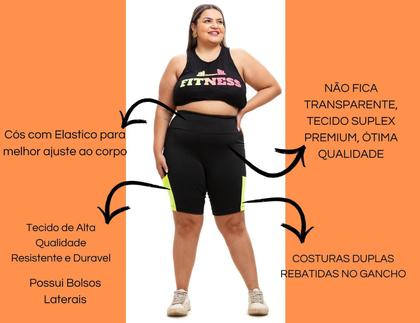 Imagem de Short Bermuda Feminino De Academia Plus Size Comprida Até O Joelho Zero Transparencia Com Bolso P/ Celular G1 Até G6