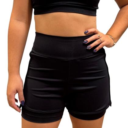 Imagem de Short Duplo Feminino Cós Alto Academia Poliamida Preto