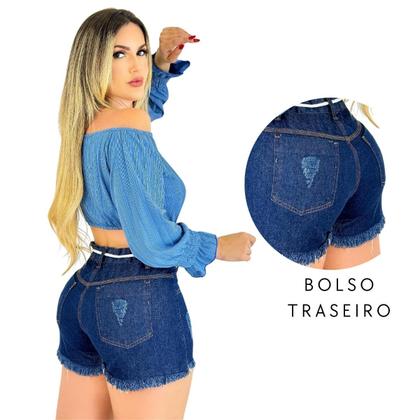 Short Feminino Jeans Cós Alta Com Cordão Lavagem Escura - Fortaleza Jeans Imagem de Short Feminino Jeans Cós Alta Com Cordão Lavagem Escura