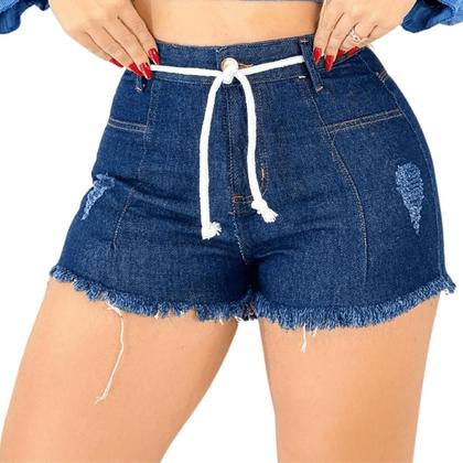 Short Feminino Jeans Cós Alta Com Cordão Lavagem Escura - Fortaleza Jeans Imagem de Short Feminino Jeans Cós Alta Com Cordão Lavagem Escura