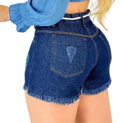 Short Feminino Jeans Cós Alta Com Cordão Lavagem Escura - Fortaleza Jeans Imagem de Short Feminino Jeans Cós Alta Com Cordão Lavagem Escura