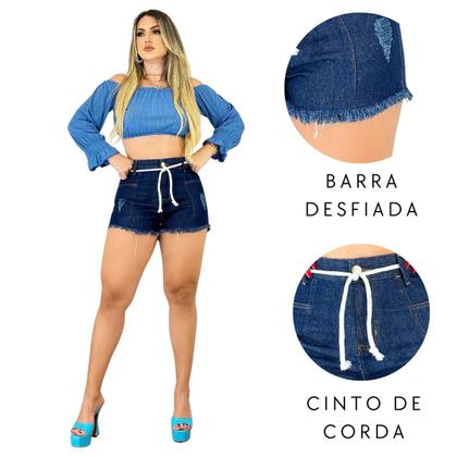 Short Feminino Jeans Cós Alta Com Cordão Lavagem Escura - Fortaleza Jeans Imagem de Short Feminino Jeans Cós Alta Com Cordão Lavagem Escura