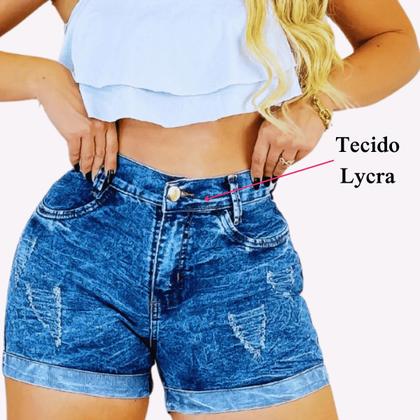 Imagem de Short Jeans Cintura Alta Meia Coxa Levanta Bumbum Lycra Marmorizado
