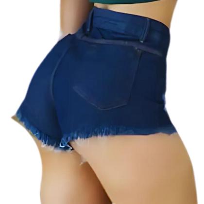 Imagem de Short Jeans Feminino Azul Escuro Cintura Alta Botão Dourado Zíper Ruídos Barra Desfiada Cós Alto da Moda
