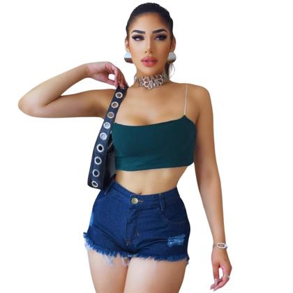 Imagem de Short Jeans Feminino Azul Escuro Cintura Alta Botão Dourado Zíper Ruídos Barra Desfiada Cós Alto da Moda