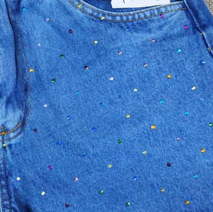 Imagem de Short Jeans Feminino Cintura Alta Com Pedrarias Bilhantes Coloridas e Barra Corte a Laser 100 Jeans Sem Lycra 38 ao 44