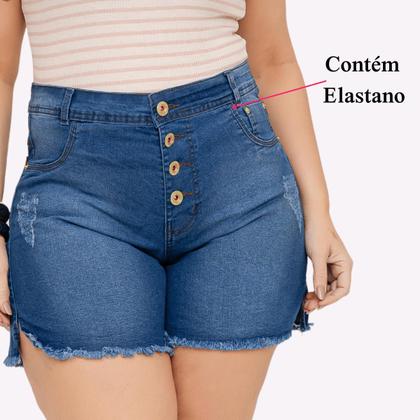 Imagem de Short Jeans Feminino Cintura Alta Lycra Shorts Plus Size Meia Coxa Barra Desfiado Bermuda Com Bolso
