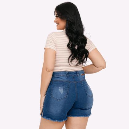 Imagem de Short Jeans Feminino Cintura Alta Lycra Shorts Plus Size Meia Coxa Barra Desfiado Bermuda Com Bolso