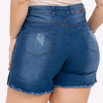 Imagem de Short Jeans Feminino Cintura Alta Lycra Shorts Plus Size Meia Coxa Barra Desfiado Bermuda Com Bolso