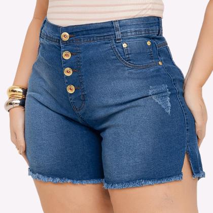 Imagem de Short Jeans Feminino Cintura Alta Lycra Shorts Plus Size Meia Coxa Barra Desfiado Bermuda Com Bolso