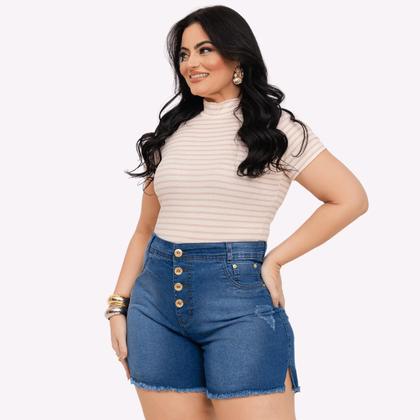 Imagem de Short Jeans Feminino Cintura Alta Lycra Shorts Plus Size Meia Coxa Barra Desfiado Bermuda Com Bolso