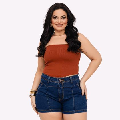 Imagem de Short Jeans Feminino Cintura Alta Lycra Shorts Plus Size Meia Coxa Barra Desfiado Bermuda Com Bolso