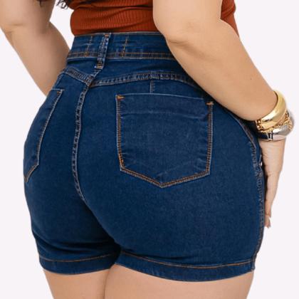 Imagem de Short Jeans Feminino Cintura Alta Lycra Shorts Plus Size Meia Coxa Barra Desfiado Bermuda Com Bolso