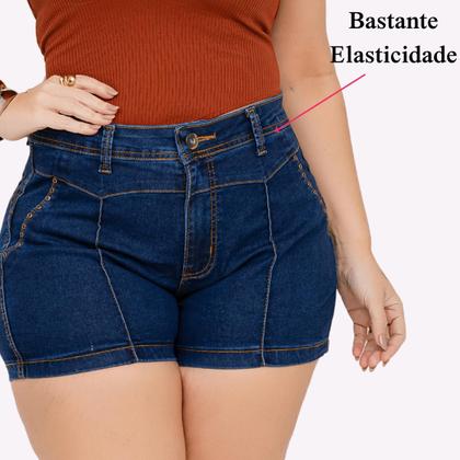 Imagem de Short Jeans Feminino Cintura Alta Lycra Shorts Plus Size Meia Coxa Barra Desfiado Bermuda Com Bolso