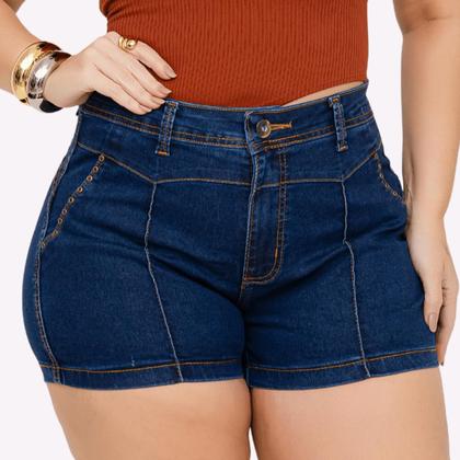 Imagem de Short Jeans Feminino Cintura Alta Lycra Shorts Plus Size Meia Coxa Barra Desfiado Bermuda Com Bolso