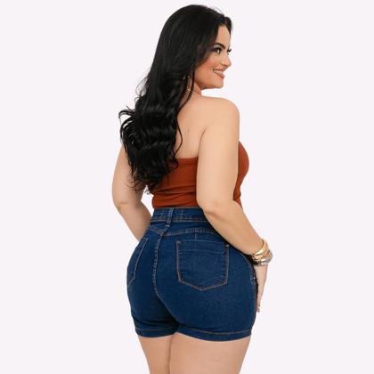 Imagem de Short Jeans Feminino Cintura Alta Lycra Shorts Plus Size Meia Coxa Barra Desfiado Bermuda Com Bolso