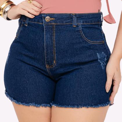Imagem de Short Jeans Feminino Cintura Alta Lycra Shorts Plus Size Meia Coxa Barra Desfiado Bermuda Com Bolso